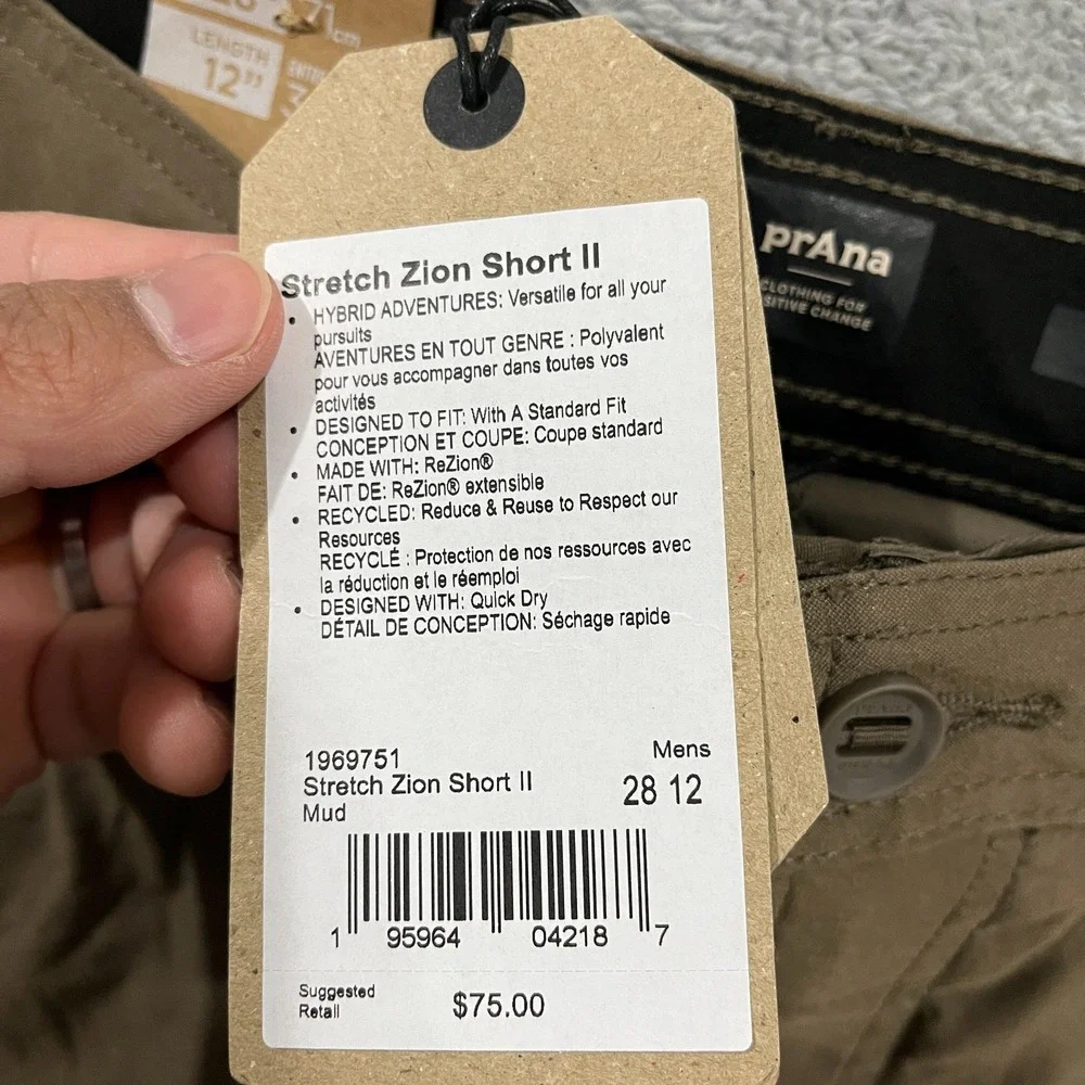 Prana Stretch Zion Short II Men's 28x12 Mud Hiking Cargo Hiking Outdoors NEW